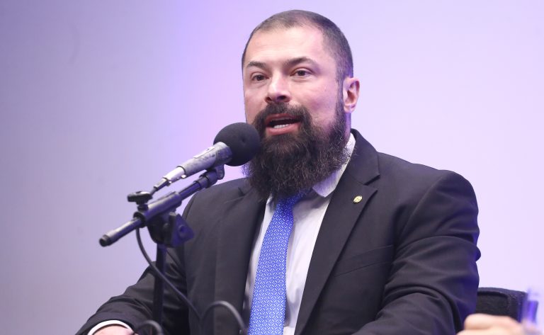 Deputado Delegado Paulo Bilynskyj fala ao microfone