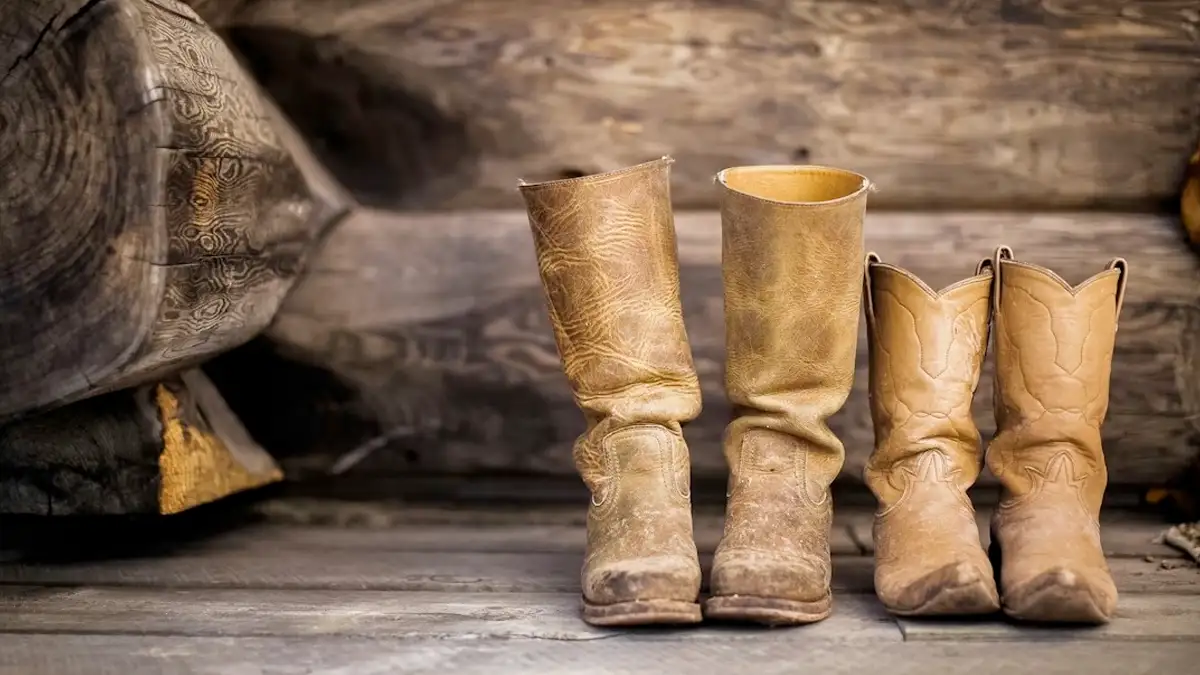 Botas sertanejas de couro usadas apoiadas em piso de madeira, ao lado de tronco rústico, representando o estilo country e a cultura rural brasileira (Foto: Melanie Mauer na Unsplash )